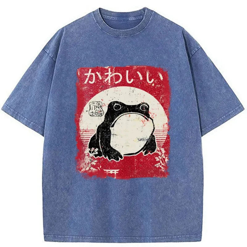 Woodblock Print Grumpy Frog Washed T-Shirt