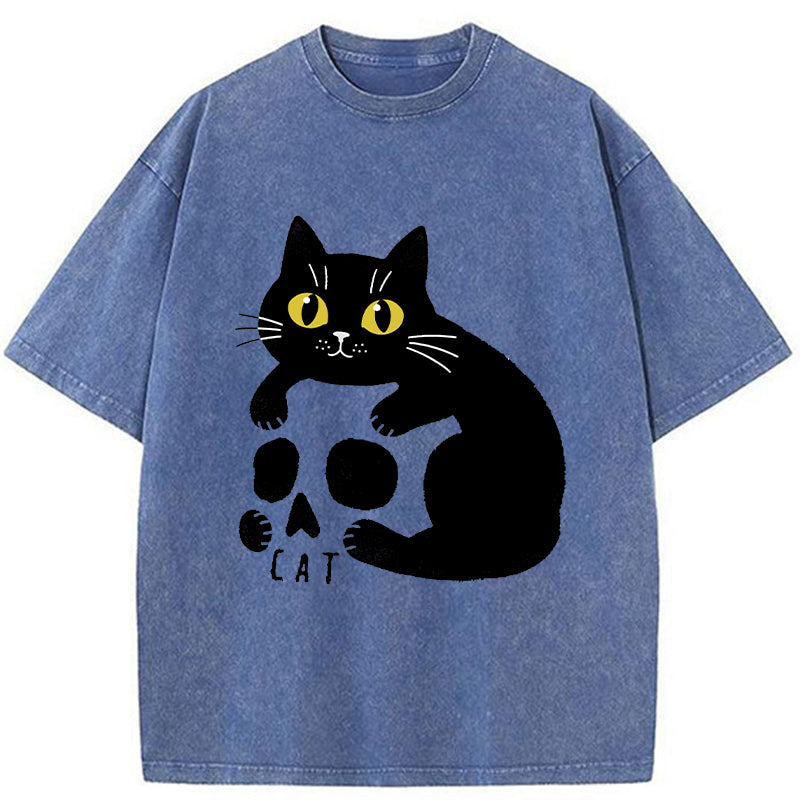Unisex Cat And Skull Japan Washed T-Shirt