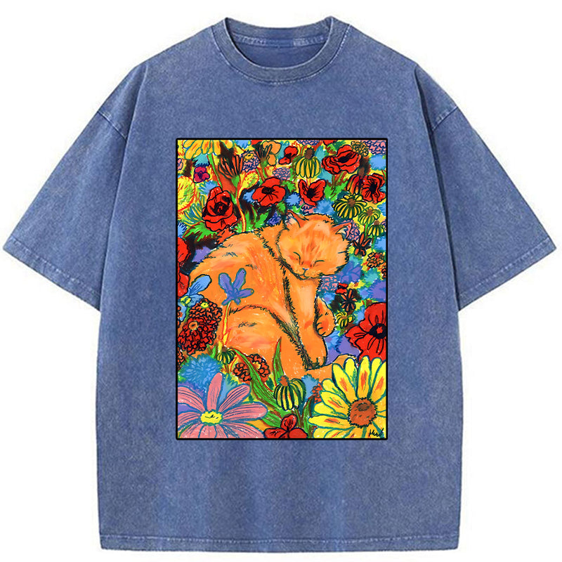 Unisex Colorful Orange Cats And Flowers Washed T-Shirt