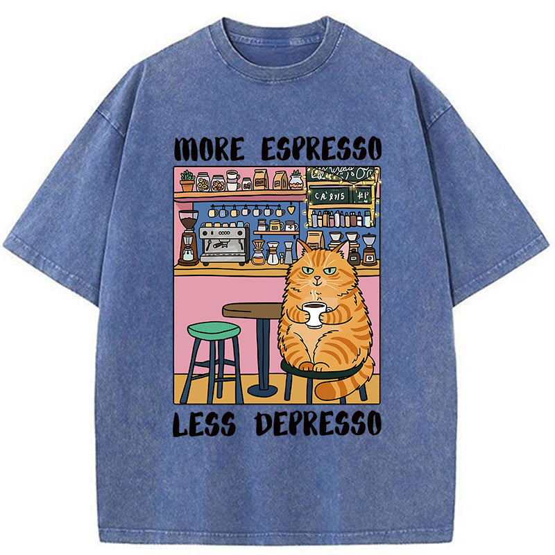 Unisex Orange Cat Drinking Espresso Washed T-Shirt
