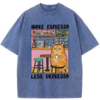 Unisex Orange Cat Drinking Espresso Washed T-Shirt