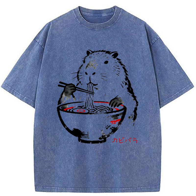 Unisex Capybaras Eat Delicious Ramen Washed T-Shirt