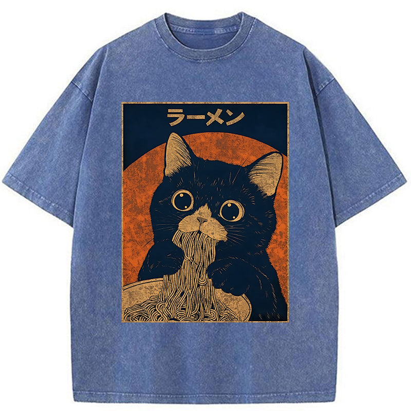 Unisex Retro Black Cat Eats Delicious Ramen Washed T-Shirt