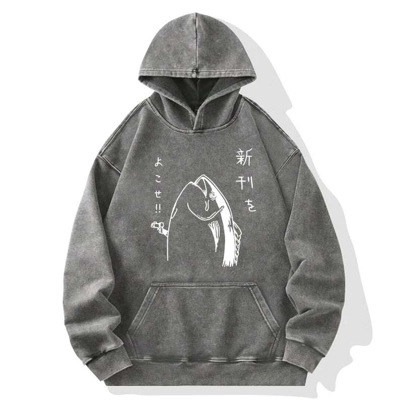 Japanese Fish Hold Up White Washed Hoodie