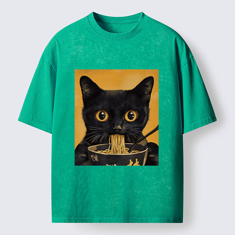 Unisex Cute Black Cat Eating A Big Bowl Of Ramen Washed T-Shirt