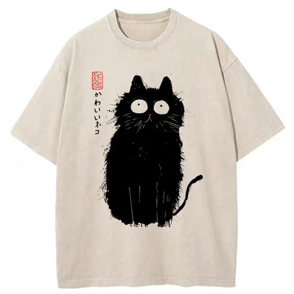 Black Cat With Puffed-up Fur Washed T-Shirt