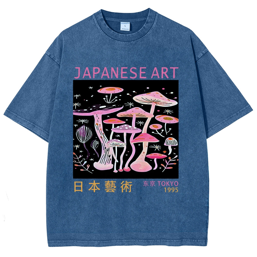 Japanese Art Pink Hallucinogenic Mushrooms Washed T-Shirt