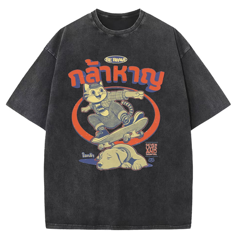 Skateboard Cat Washed T-Shirt