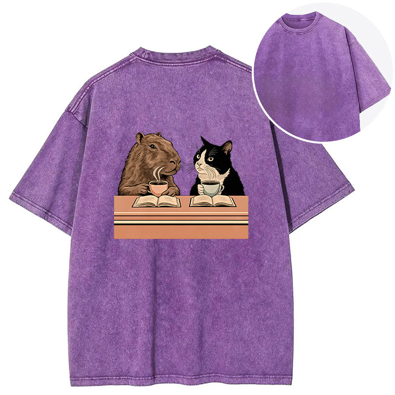 Capybara And Cat Talk Back Washed T-Shirt
