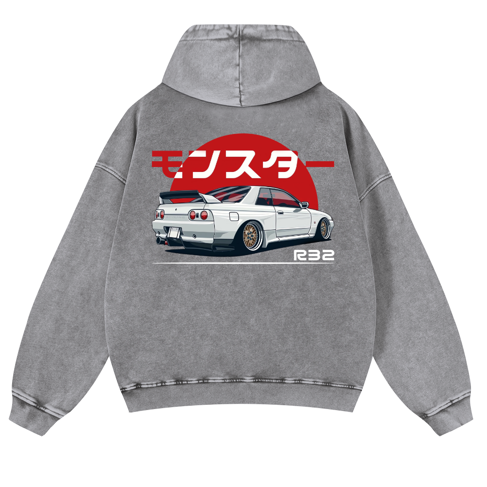 Nisaan Car R32 Vintage Washed Cotton Back Art Hoodie