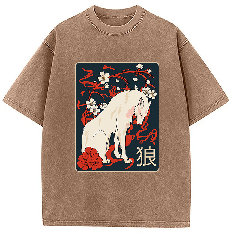 Ancient Japanese Wolf Art Washed T-Shirt