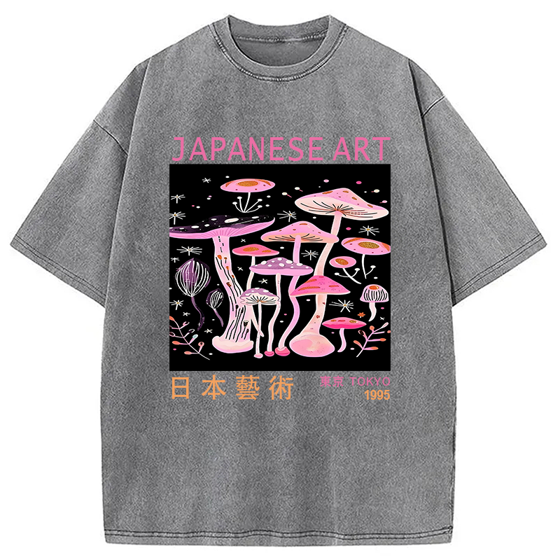 Japanese Art Pink Hallucinogenic Mushrooms Washed T-Shirt