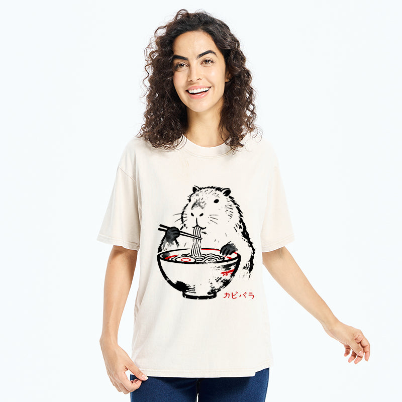 Unisex Capybaras Eat Delicious Ramen Washed T-Shirt