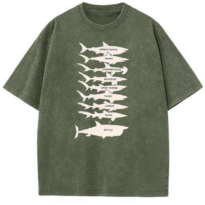 Unisex Shark Identification Guide Printed Washed Tee