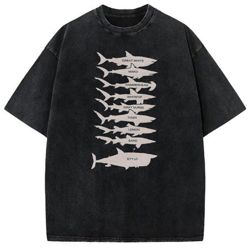 Unisex Shark Identification Guide Printed Washed Tee