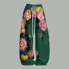Boho Emerald Green Floral Bird Print Top & Elasticated Trousers Two-Piece Set