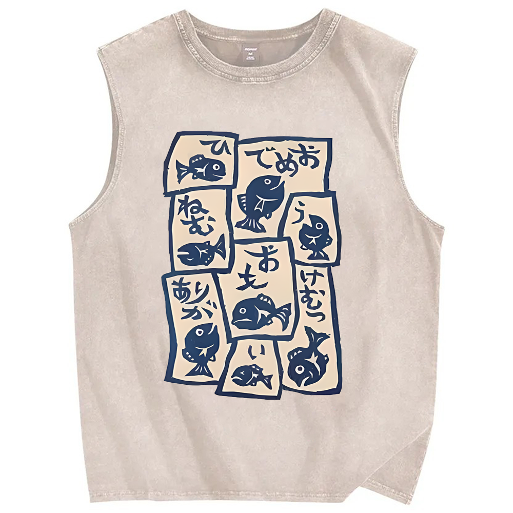 Unisex Japanese Fish Graffiti Printed Washed Tank Top