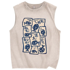 Unisex Japanese Fish Graffiti Printed Washed Tank Top