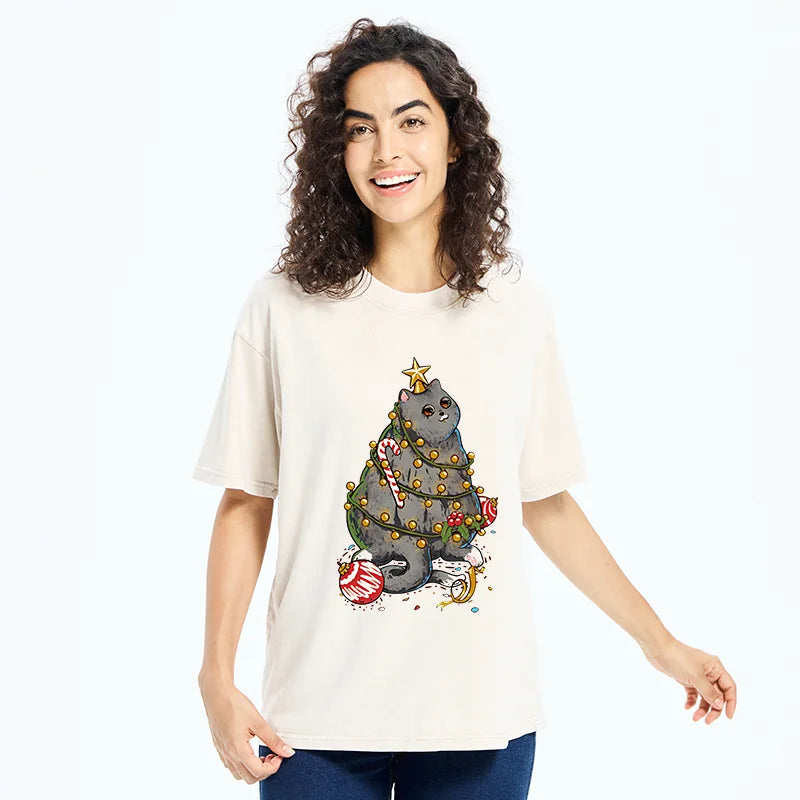 Unisex Christmas Decoration Cat Washed T-Shirt