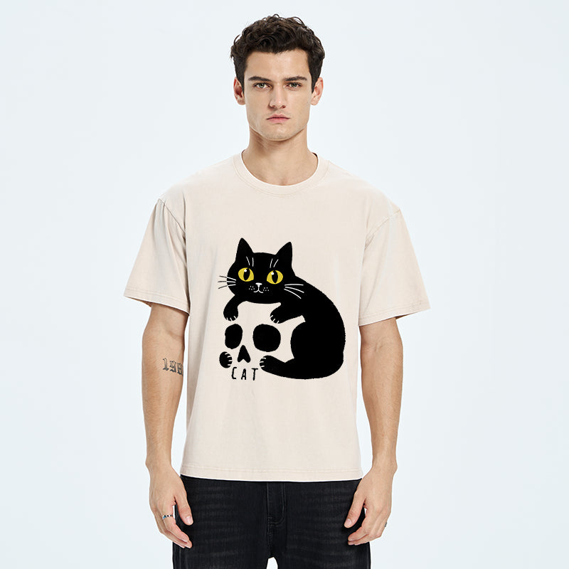 Unisex Cat And Skull Japan Washed T-Shirt