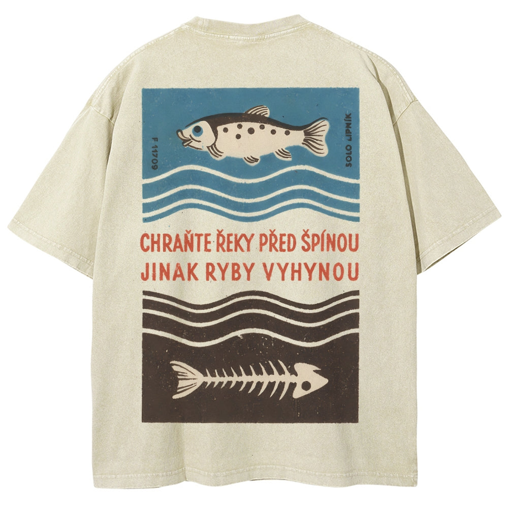Fish And Fish Bone Washed Vintage Short Sleeves T-Shirt