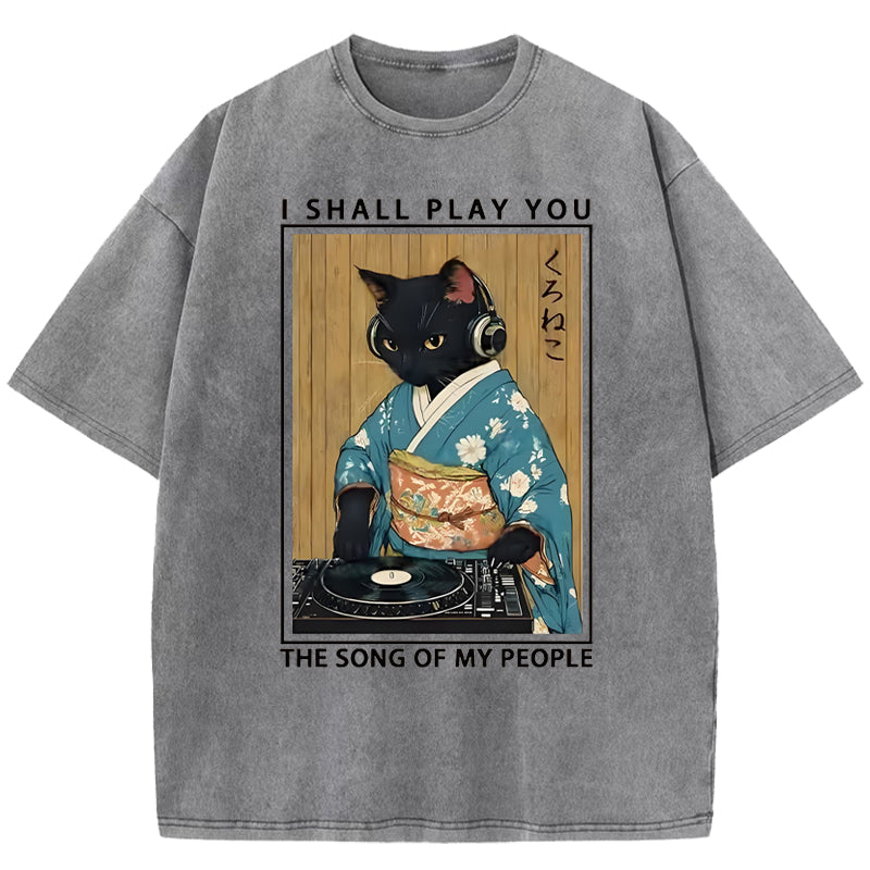 Funny Playing Music Black Cat Washed T-Shirt