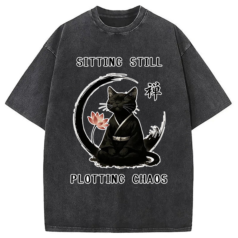Sitting Calming Zen Cat Washed T-Shirt