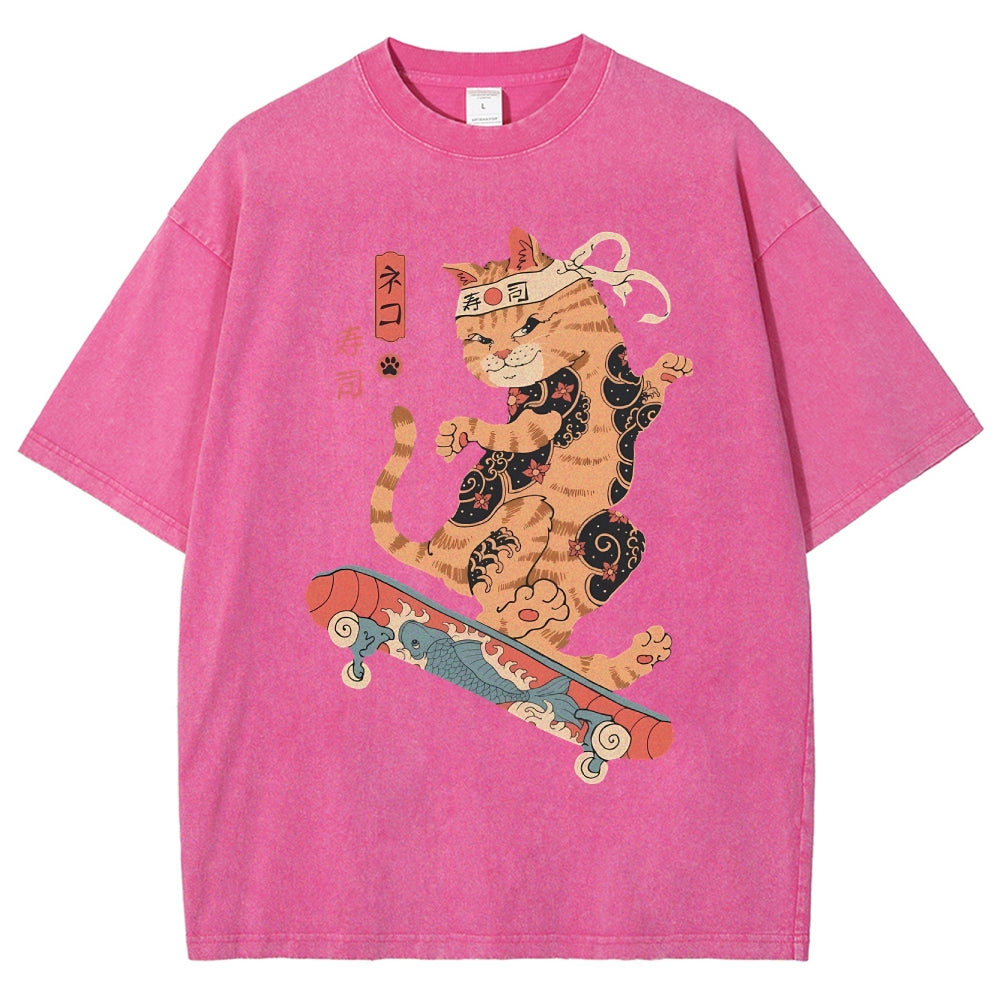 Skate Cat Washed Vintage Short Sleeves T-Shirt