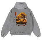 Coffee Wave Ukiyoe Vintage Washed Cotton Back Art Hoodie