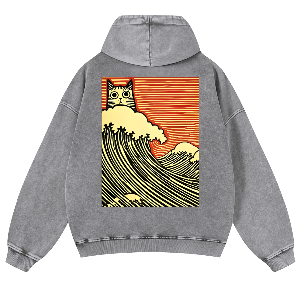 Cat Wave Vintage Washed Cotton Back Art Hoodie