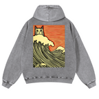 Cat Wave Vintage Washed Cotton Back Art Hoodie