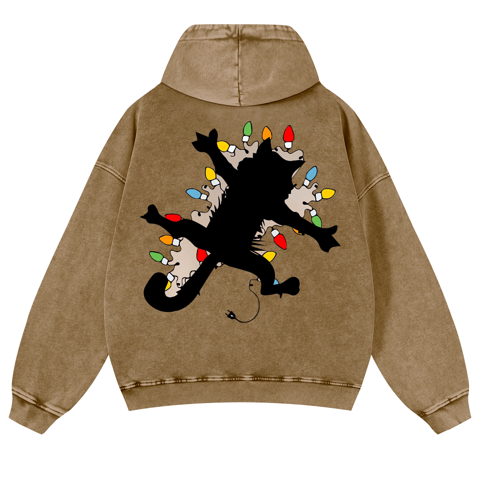 Cat Silhouette and Colorful Bulbs Vintage Washed Cotton Back Art Hoodie