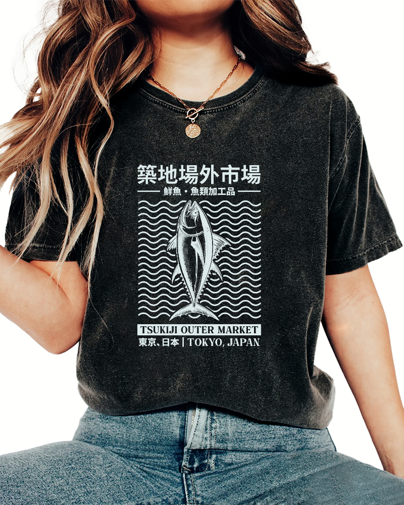 Japanese Tuna Pattern Vintage Distressed T-shirt