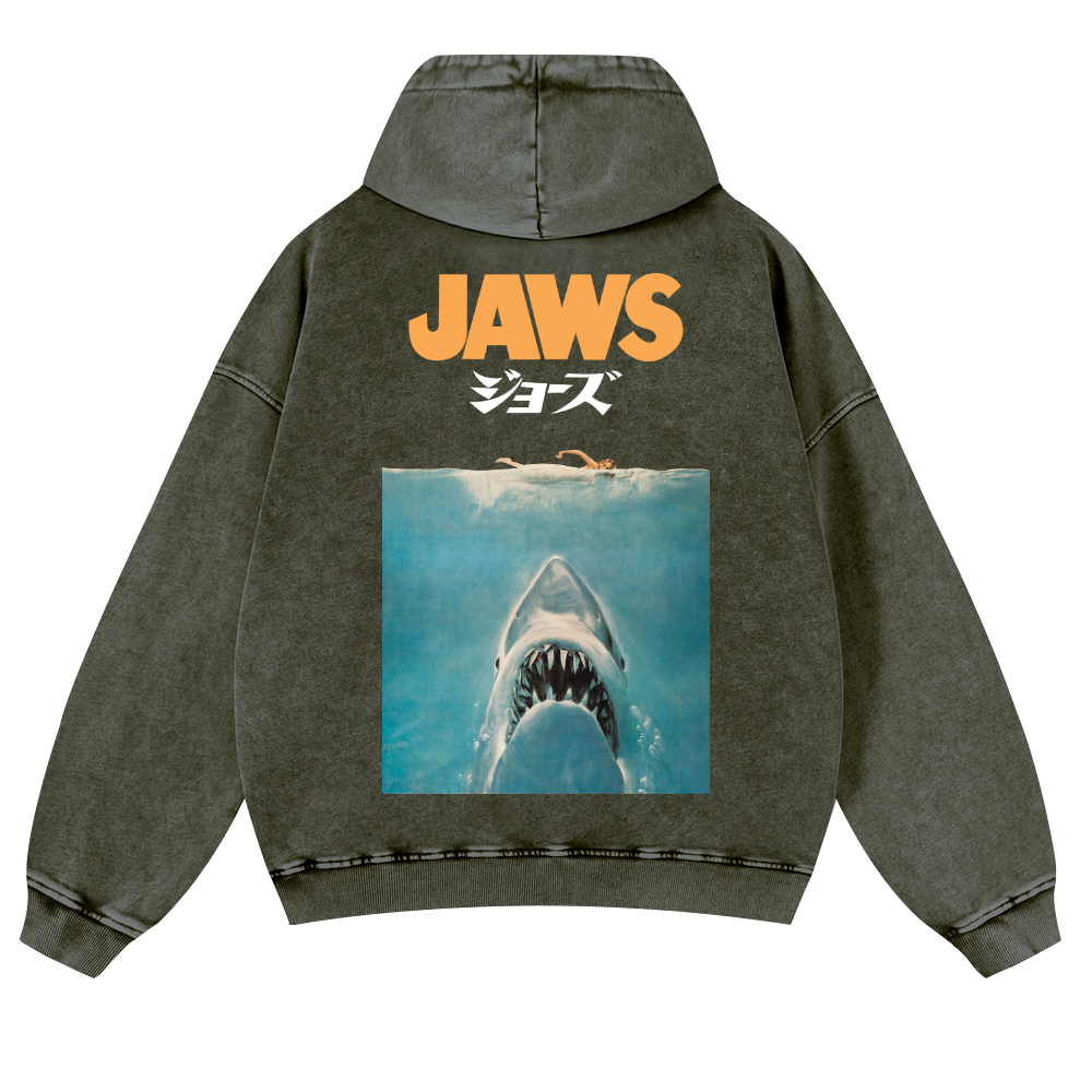Jaws Shark Vintage Washed Cotton Back Art Hoodie