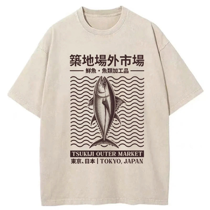 Wave Tokyo Tsukiji Fish Market Japan Washed T-Shirt