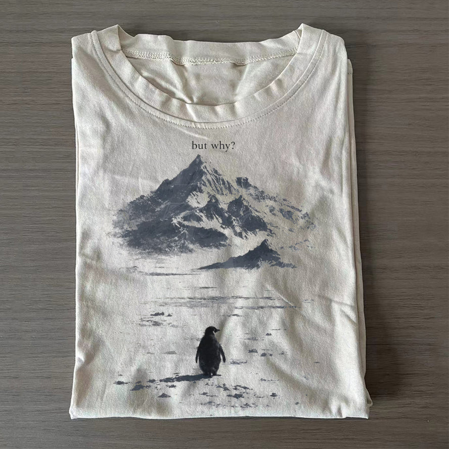 Unisex Classic Cotton Lone Penguin Mountain Meme Printed Folded T-shirt