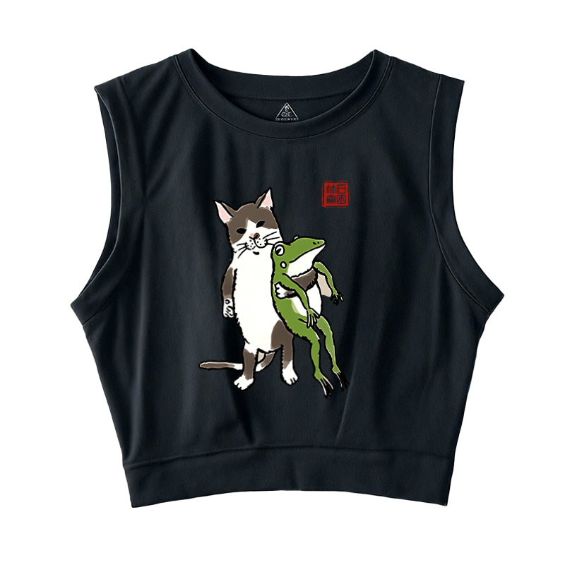 Cat Holding A Frog Sleeveless Crop Top