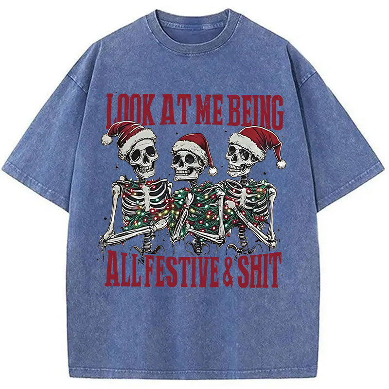 Funny Christmas Skull Washed T-Shirt