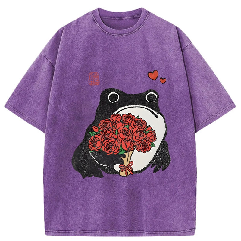 Romantic Frog Holding Roses Washed T-Shirt
