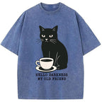 Black Cat Drinking Coffee Washed T-Shirt