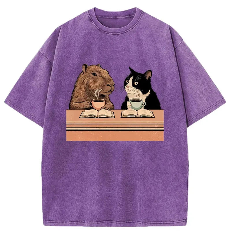 Capybara And Cat Talk Washed T-Shirt