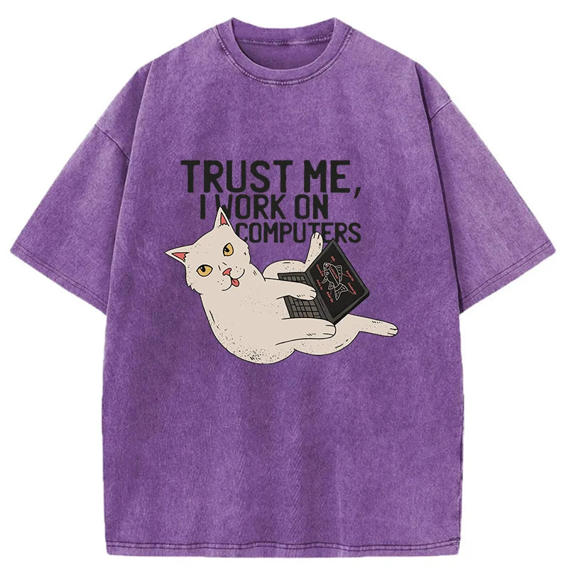 Cat At Work Washed T-Shirt