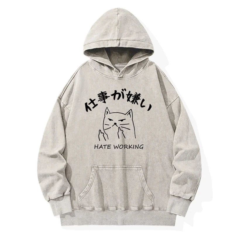 A Cat That Hates Work Washed Hoodie