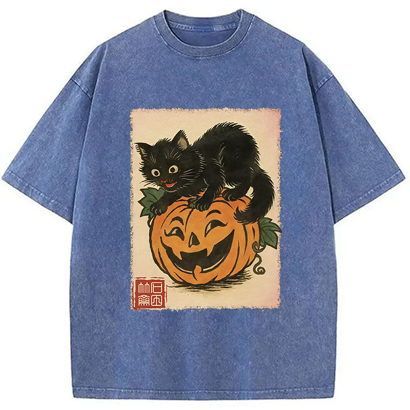 Black Cat And Pumpkin Washed T-Shirt