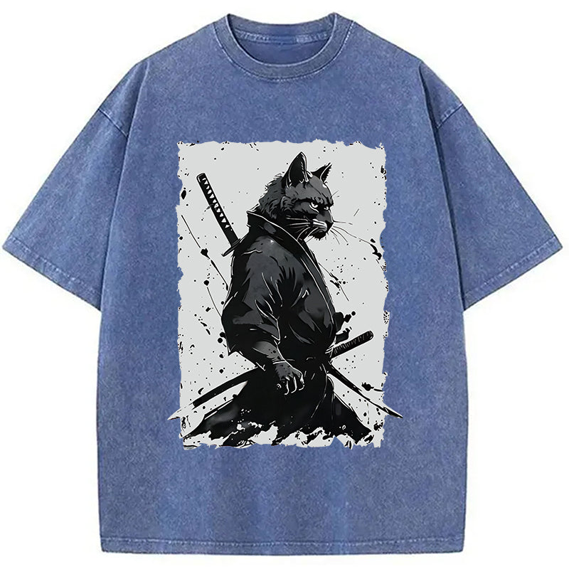 Handsome Samurai Cat Washed T-Shirt