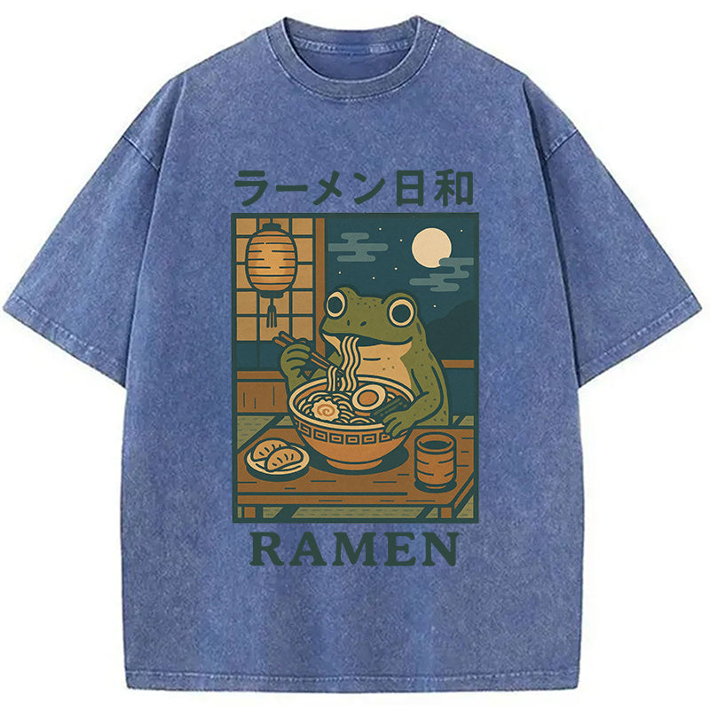 Japanese Frog Eating Ramen Washed T-Shirt