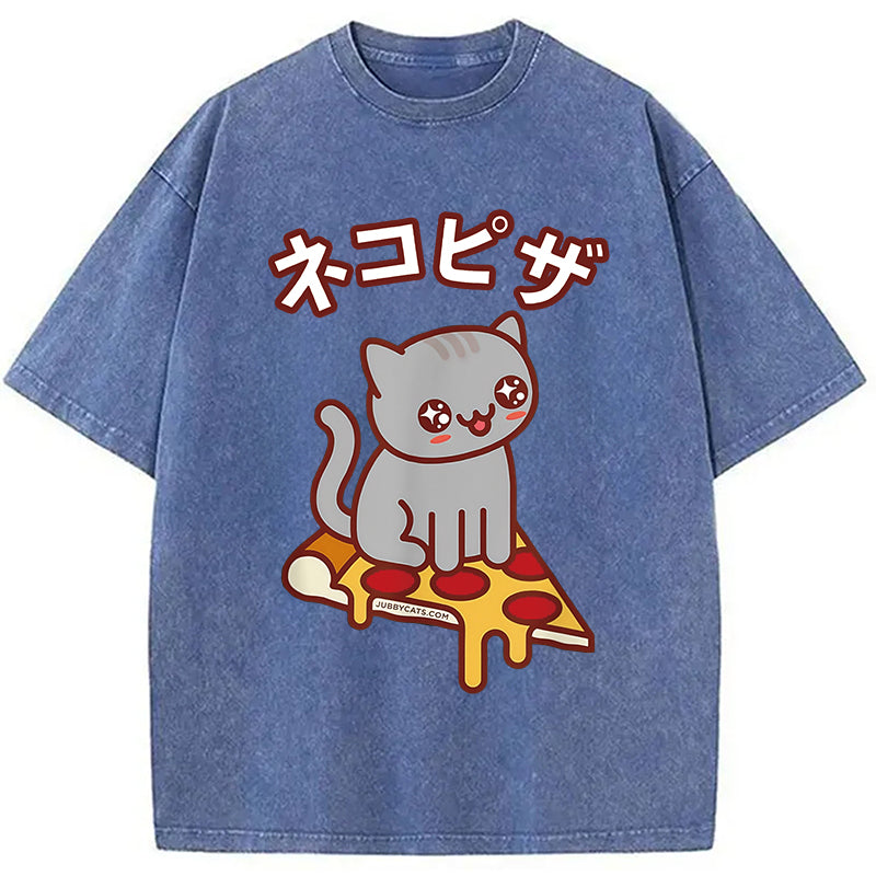 Super Kawaii Japanese Pizza Cat Washed T-Shirt