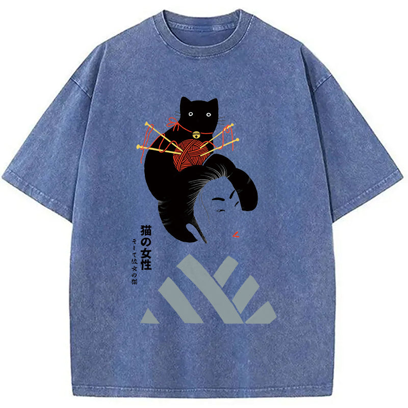 Geisha And Cat Washed T-Shirt