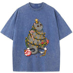 Unisex Christmas Decoration Cat Washed T-Shirt