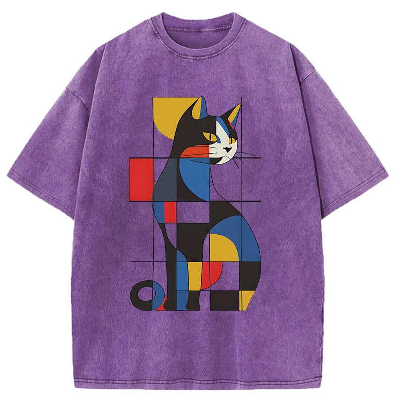 Unisex Mondrian Cat Washed T-Shirt